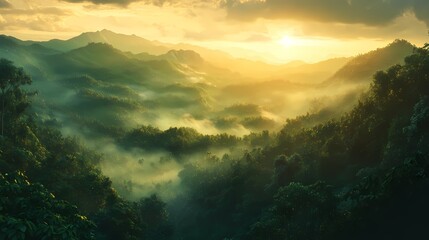 Obraz premium Golden Sunrise Over Misty Mountains Breathtaking Tropical Landscape