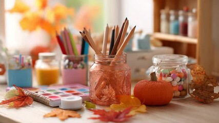 Colorful school art supplies arranged on desk with autumn decorations 