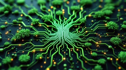 green tech carbon neutral electric concept Abstract circuit design with green elements and organic shapes.