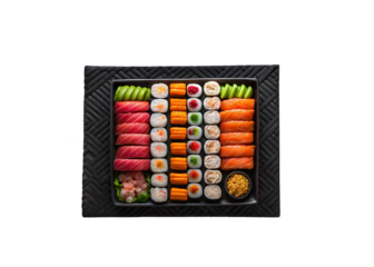 Assorted sushi platter on black tray top view