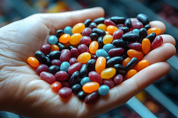 Colorful jelly beans in hand