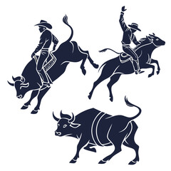 Bull Rider Silhouette Vector Icons &ndash; Rodeo Cowboy Graphic Set for Western Design