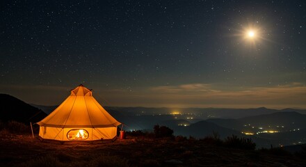 Camping tent under night sky