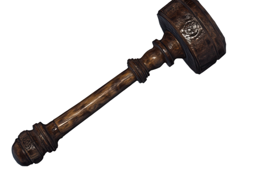 Gavel positioned diagonally on transparent background showcasing intricate design and polished wood finish for judicial and legal themes