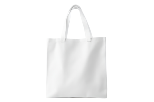 Pure white tote bag mock up showcased against a transparent background, perfect for showcasing design and branding in the fashion and retail industry