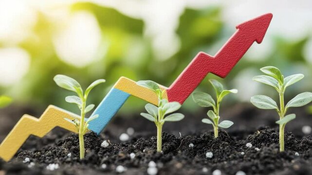 Colorful growth chart arrow rising above young plants in soil.