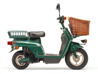 Green Vintage Motor Scooter with Wicker Basket on White Background