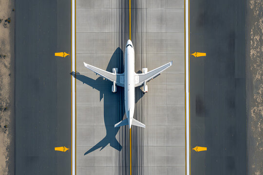Aerial view of narrow body aircraft departing airport runway. Top down view of white unidentified airplane in the center of taxiway lines. Aviation industry.