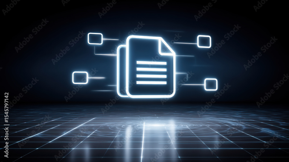 Poster glowing digital document icon with connected nodes on futuristic grid background representing data s
