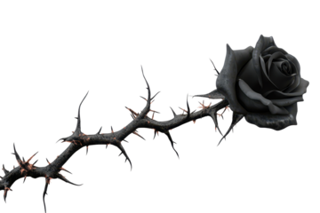 Enigmatic black rose with thorns set against a muted background showcases dark beauty and intrigue in a minimalist composition