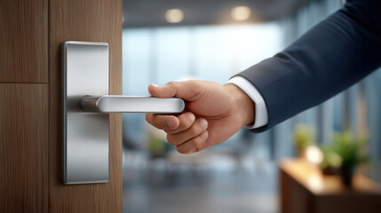 Obraz premium Man hand holding modern metal door handle in office interior with blurred background
