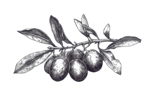 Detailed ink drawing of Picual olives, showcasing their distinctive oval shape and lush green leaves in a natural arrangement, highlighting the beauty of this Mediterranean fruit