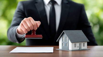 Man in suit holding stamp near house model and document on table, symbolizing approval and real estate transaction