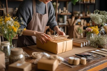 Woman wrapping gift box with twine and paper for delivery or shipping in flower shop or small business