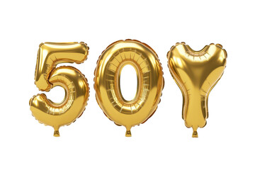 Metallic golden balloons representing the number fifty stand elegantly against a white background, perfect for celebrating a milestone birthday or anniversary event with flair