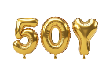 Metallic golden balloons representing the number fifty stand elegantly against a white background, perfect for celebrating a milestone birthday or anniversary event with flair