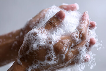 Close-up of hands lathered with soap and bubbles during washing, symbolizing hygiene and cleanliness, against a soft gray background.