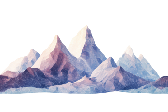 Digital polygonal style mountains landscape showcasing geometric peaks and soft color gradients during daylight