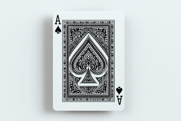 Ace of spades playing card isolated on a light background, showcasing intricate black ornamental design and crisp detailing.
