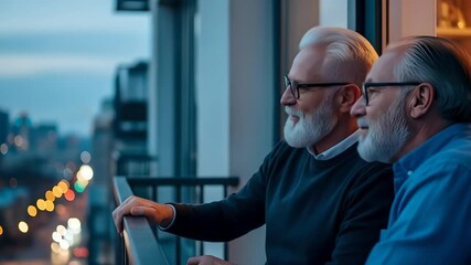 Senior men admire cityscape from balcony at twilight. Retirement friendship, urban living, modern architecture and aging well themes. For real estate, senior lifestyle, travel.