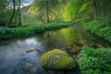 Obraz premium Crystal Clear Stream Flowing Gently Through Lush Green Forest