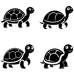Four Black and White Cartoon Turtles Walking on a White Background Illustration Design