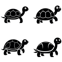 Four Black and White Cartoon Turtles with Different Shell Patterns on a White Background