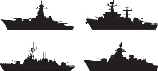 Obraz premium Silhouettes of naval warships with radar towers and battleship design representing military defense, sea operations, and marine warfare
