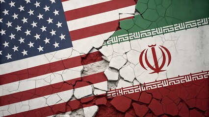 Cracked Flags of USA and Iran Highlighting Political Fracture and Geopolitical Tension