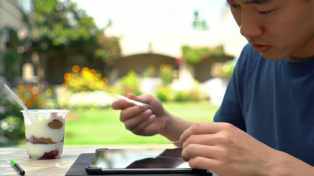 Man drawing on tablet outside, yogurt on table, focus and concentration