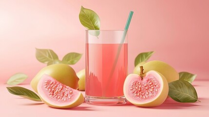 Pink guava juice in a glass, surrounded by fresh fruit