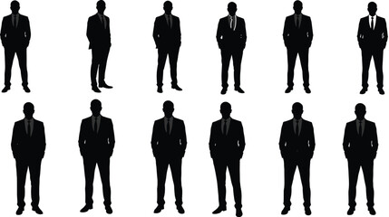 A collection of twelve, isolated businessman silhouettes in various poses, a vector set of professional men in suits for corporate or business graphics