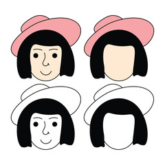 A female face is a construction kit. A children s coloring book with a picture of a woman s head in a hat. The vector illustration is highlighted on a white background.