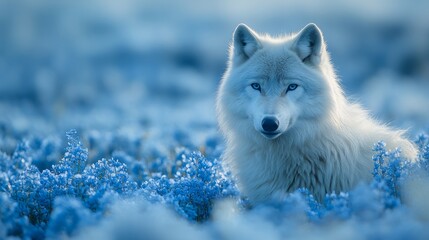 Naklejka premium A beautiful white wolf gazes curiously while surrounded by delicate blue flowers in a serene, cool-toned environment