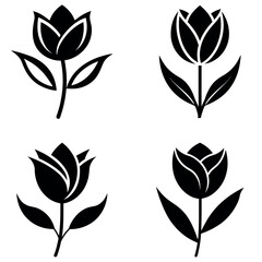 Black and White Tulip Flower Silhouettes in a Square Composition of Four Designs