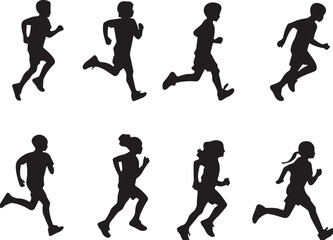 Set of Eight Running Kids Silhouettes in Dynamic Poses, Representing Childhood Energy, Play, Sports, Fitness, Outdoor Activity, and Healthy Youthful Lifestyles in a Versatile Vector Collection.
