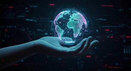 Hand holding glowing digital earth globe