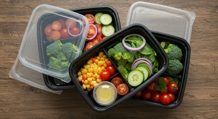 Healthy vegetable salads in meal prep containers