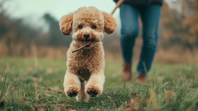 Playful poodle running in a park
