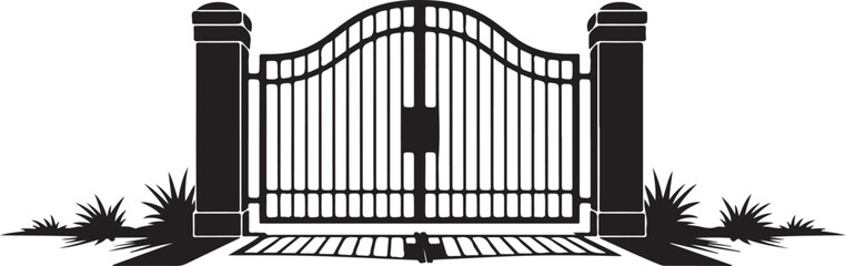 Ornamental iron gate silhouette with royal spiked tops and symmetrical structure for luxury entrance, palace and estate design