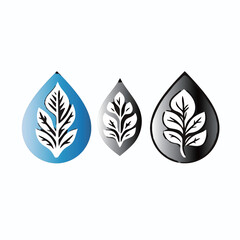 Fototapeta premium Three stylized droplets with leaf designs in blue, black, and gray.