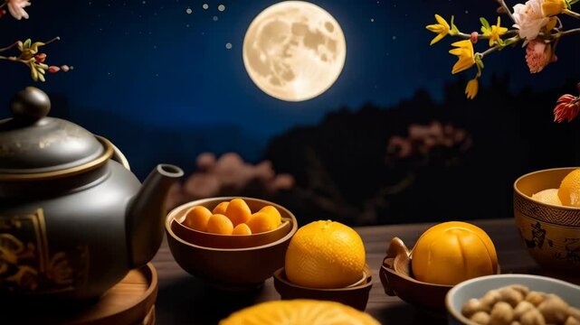 Mooncakes and fruit on wooden table during festival, black tea pot and flowers against night sky with full moon