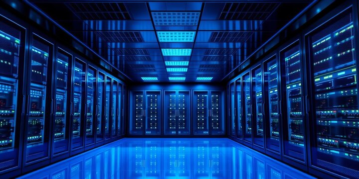 Data center server room, glossy blue background, modern, monitoring