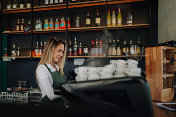 Barista preparing coffee in cafe with liquor bottles displayed on shelves