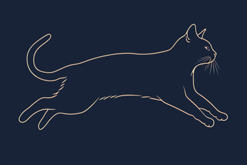 Fototapeta premium Elegant line drawing of a leaping cat on a dark blue background.