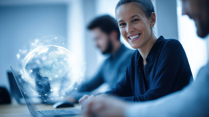  Smiling woman using laptop with glowing holographic Earth beside screen