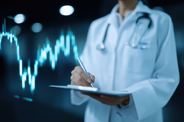 Healthcare professional analyzes patient data using advanced digital medical technology systems.