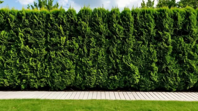 Perfectly trimmed, lush green hedge forming a natural fence along a garden pathway under a bright blue sky in summer, with soft clouds and trees.
