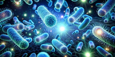 Microscopic Rod-Shaped Bacteria Illuminated in Vibrant Hues, Detailed Cellular Structures, and a Glowing Background