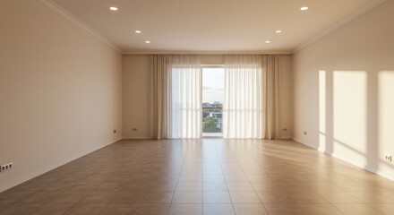 Obraz premium Bright Empty Room with Tile Floor and Sheer Curtains Casting Sunlight Patterns